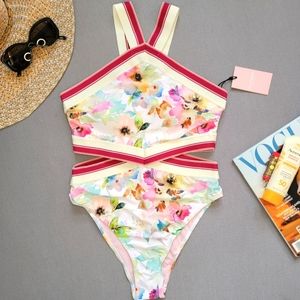 NWT Juicy Couture One Piece Swimsuit Halter Side Cut-outs - Pink Floral - sz Med